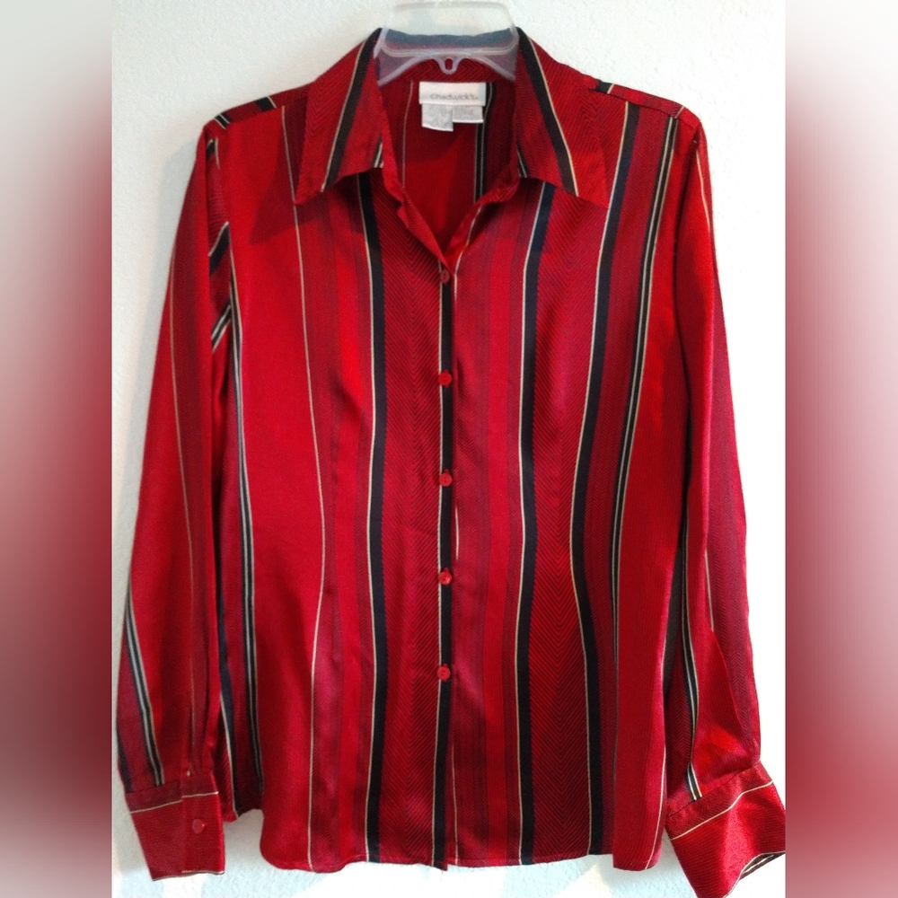 Vintage Chadwick's Silk Blouse Black Red Stripes 80s 90s Size 12 Chest 36"